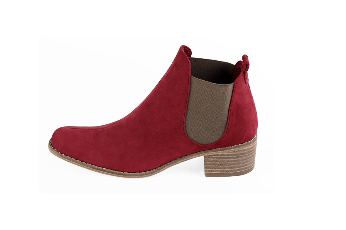 Burgundy red and taupe brown women's ankle boots, with elastics. Round toe. Low leather soles. Profile view - Florence KOOIJMAN
